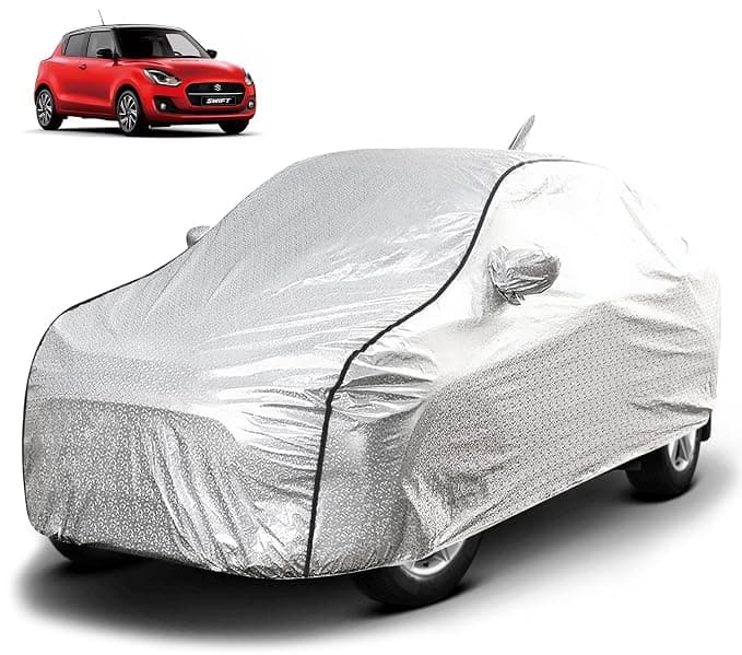 FABTEC Waterproof Car Body Cover for Maruti Swift (2018-2023) with Mirror and Antenna Pocket, Soft Cotton Lining, Triple Stitched (Heat Resistant Metallic Silver with Black Piping)